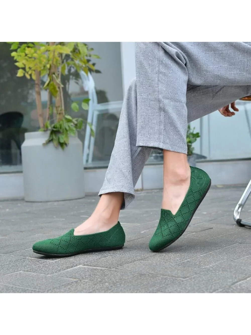 Women's Green Ballet Flat Knit Round Toe Textile Slip On Walking Shoes